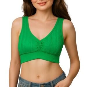 Aerie Seamless Cable Knit Bralette Medium NWT Green Pop Padded Ruched Front